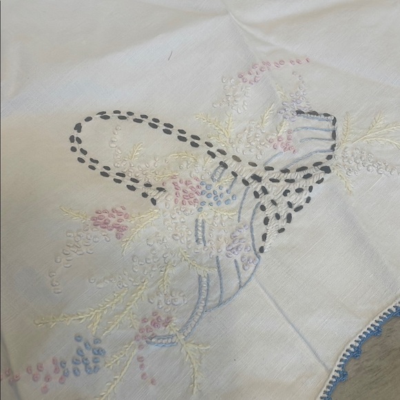 Embroidered White doily with Blue Trim basket of flowers pattern - Picture 2 of 3